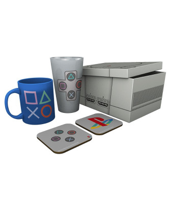 Caja regalo en forma de PSONE con taza, vaso alto y 2 posavasos símbolos PlayStation.ENVÍO GRATUITO!!