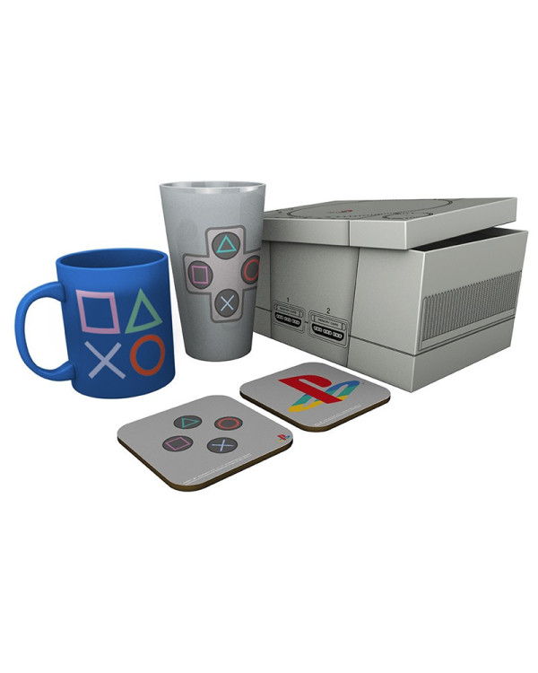 Caja regalo en forma de PSONE con taza, vaso alto y 2 posavasos símbolos PlayStation.ENVÍO GRATUITO!!