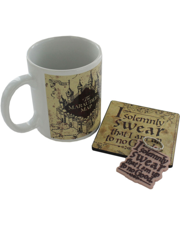 Pack taza, posavaso y llavero El Mapa del Merodeador Harry Potter.