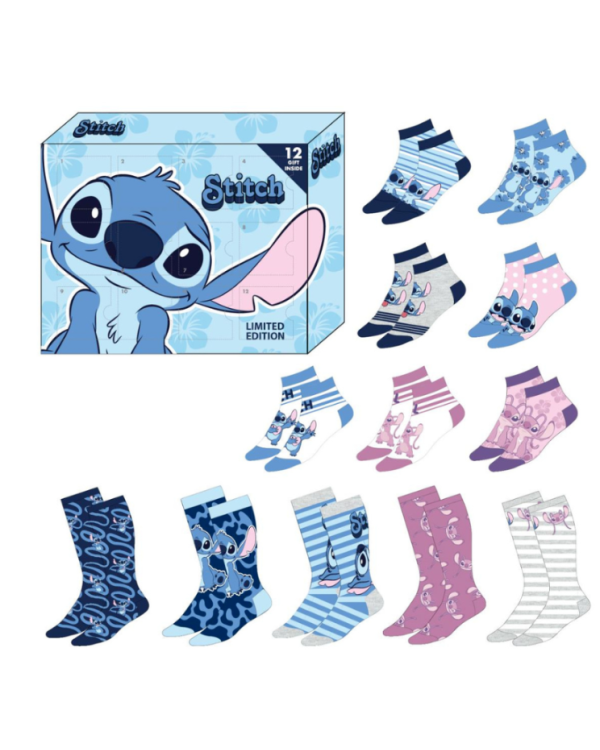 Calendario Adviento Stitch de Disney 12 pares de calcetines Tallas 35-41